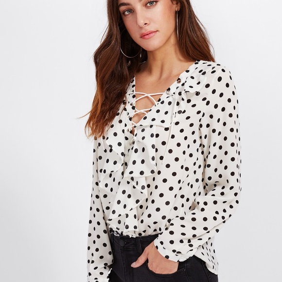 Polka Dot Lace Up Ruffle Blouse - BRAND NEW - Picture 3 of 4